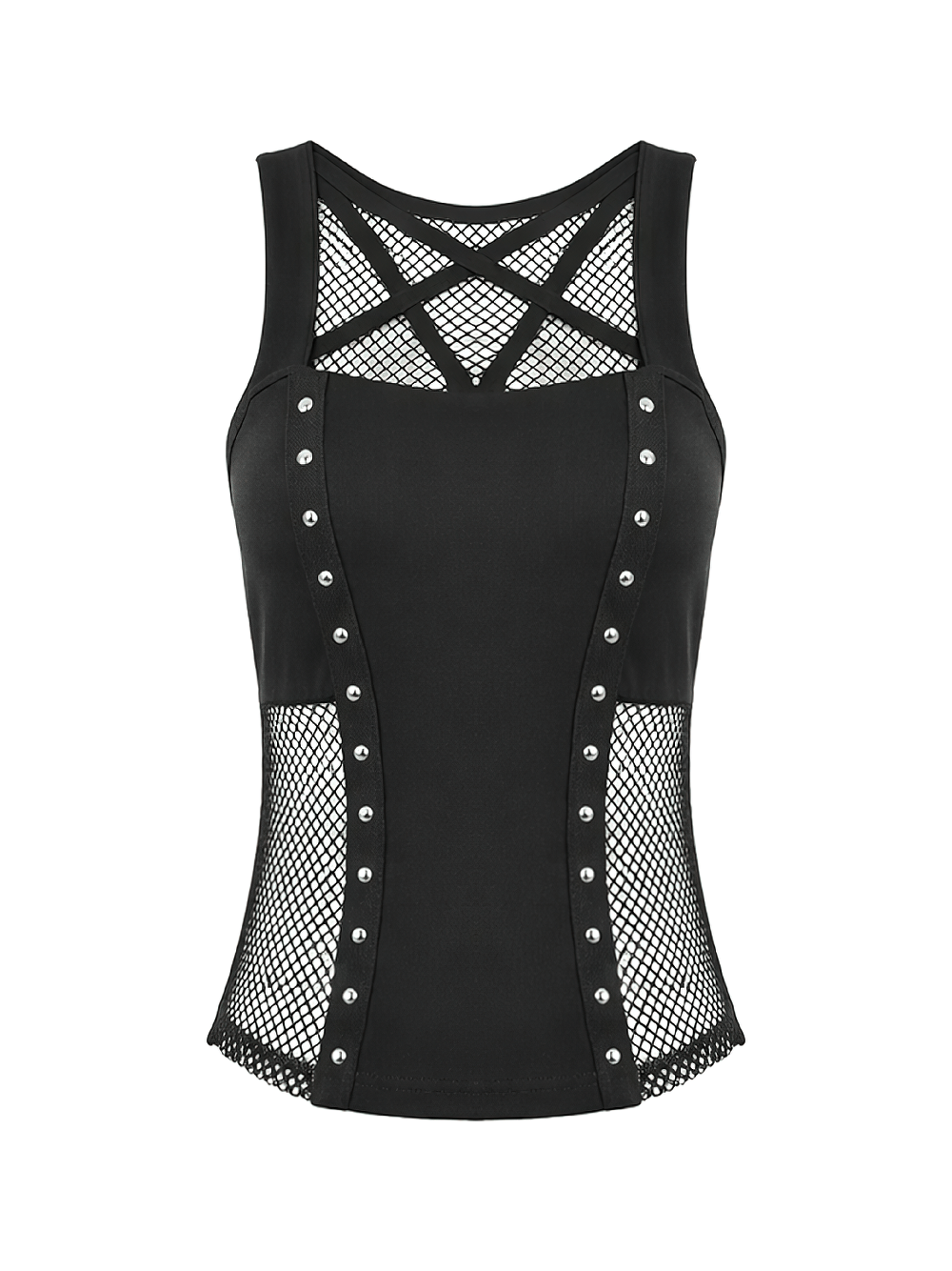 Gothic Pentagram Mesh Tank Top with Studded Side Detail featuring fishnet and rivet accents for a bold look.