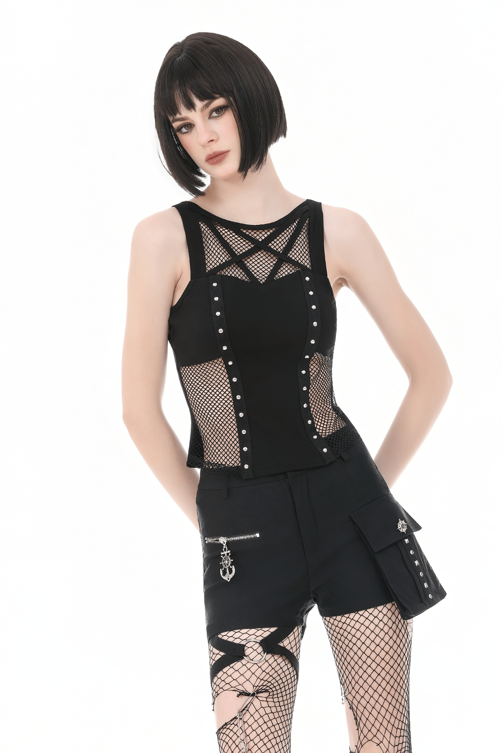Gothic Pentagram Mesh Tank Top with Studded Side Detail worn with sleek shorts showcasing edgy style.