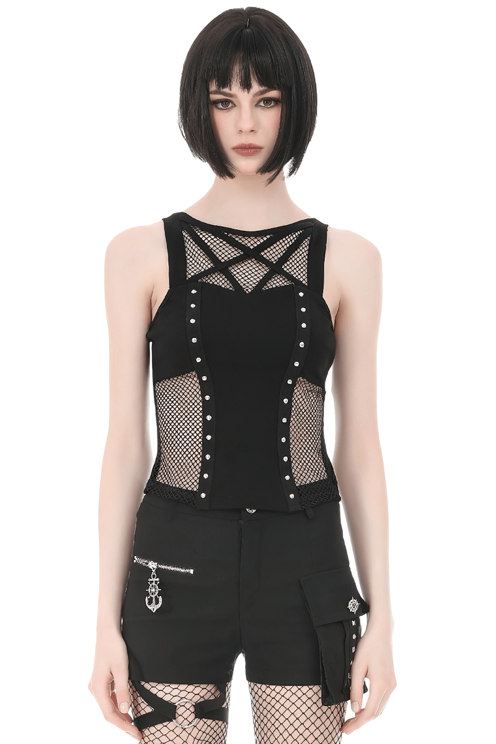 Gothic Pentagram Mesh Tank Top with Studded Side Detail featuring fishnet and rivet panels for edgy style.