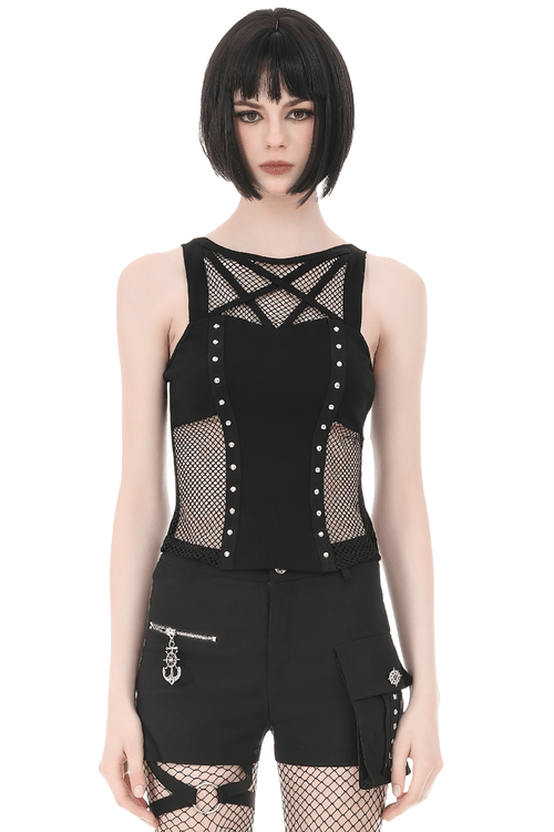 Gothic Pentagram Mesh Tank Top with Studded Side Detail