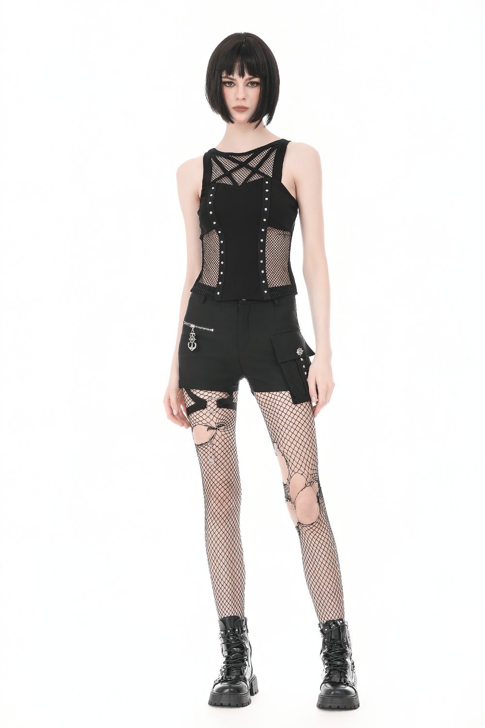Gothic Pentagram Mesh Tank Top with Studded Side Detail worn with fishnet leggings and boots, showcasing edgy style.