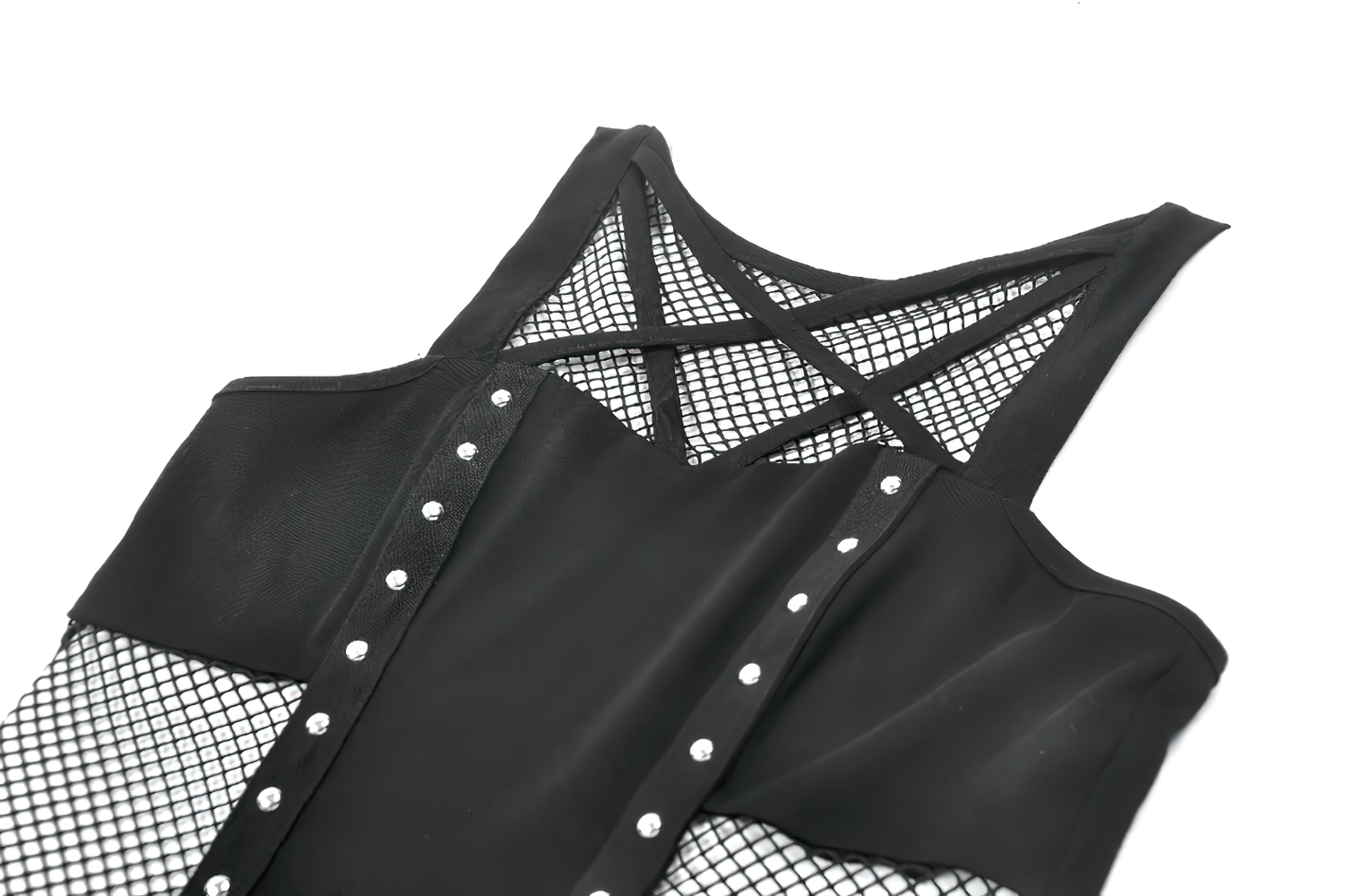 Gothic Pentagram Mesh Tank Top with Studded Side Detail showcasing fishnet and rivet panels in a sleek design.