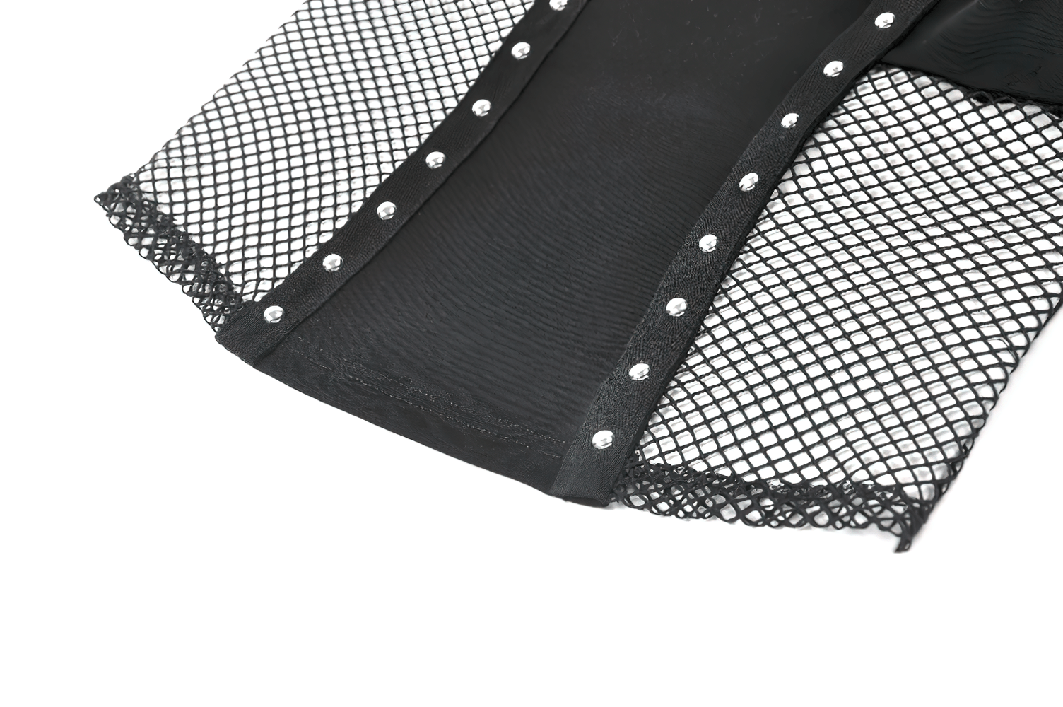 Gothic Pentagram Mesh Tank Top with Studded Side Detail featuring fishnet and rivet panels for a striking look.