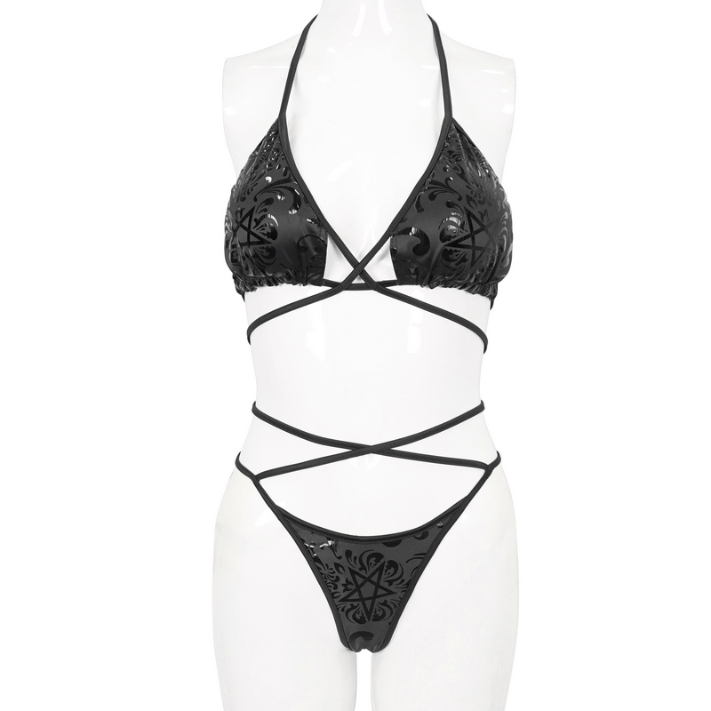 Gothic pentagram pattern bikini set with stylish cross straps, perfect for beach and pool parties.