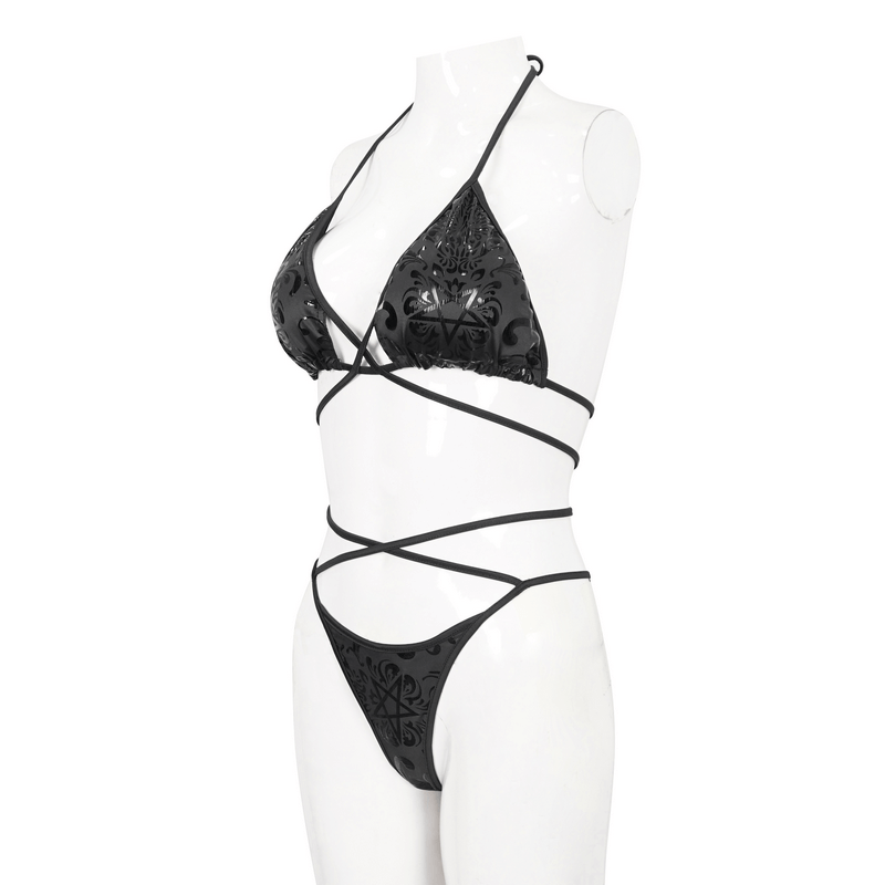 Gothic pentagram pattern black bikini set with cross straps for fashion-forward beach style.