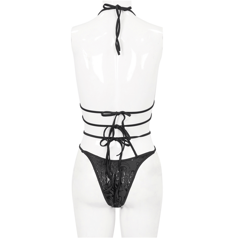 Back view of gothic pentagram bikini set with cross straps, showcasing sleek black fabric and intricate design details.