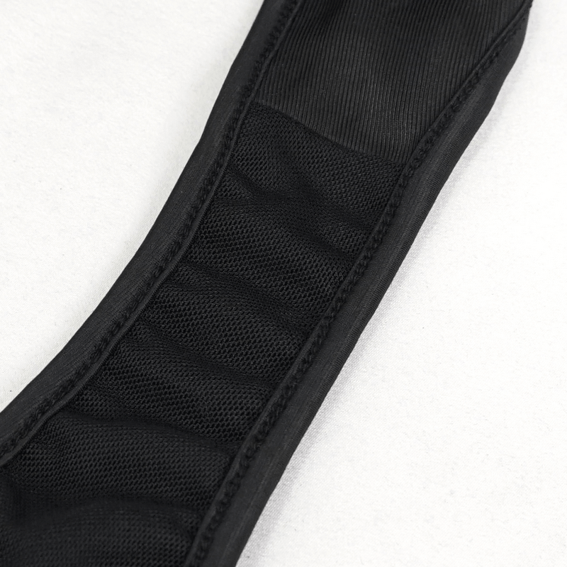 Close-up of black mesh fabric for gothic bikini set's straps, highlighting stylish comfort and design.