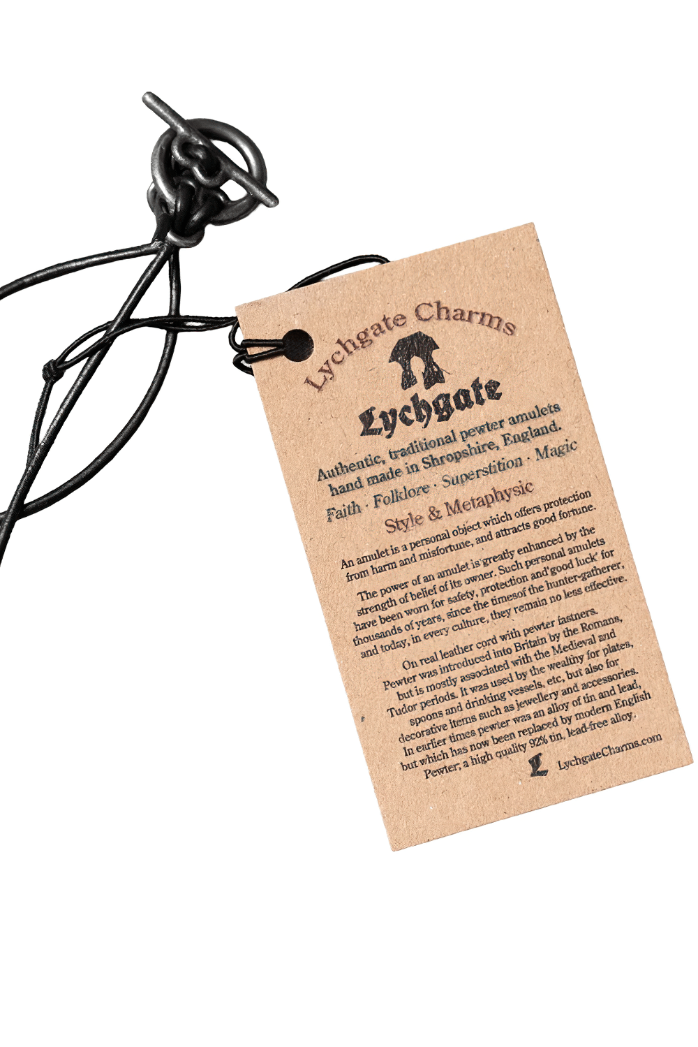 Gothic Pentagram Pewter Protection Pendant Necklace with descriptive tag, showcasing its magical and protective qualities.