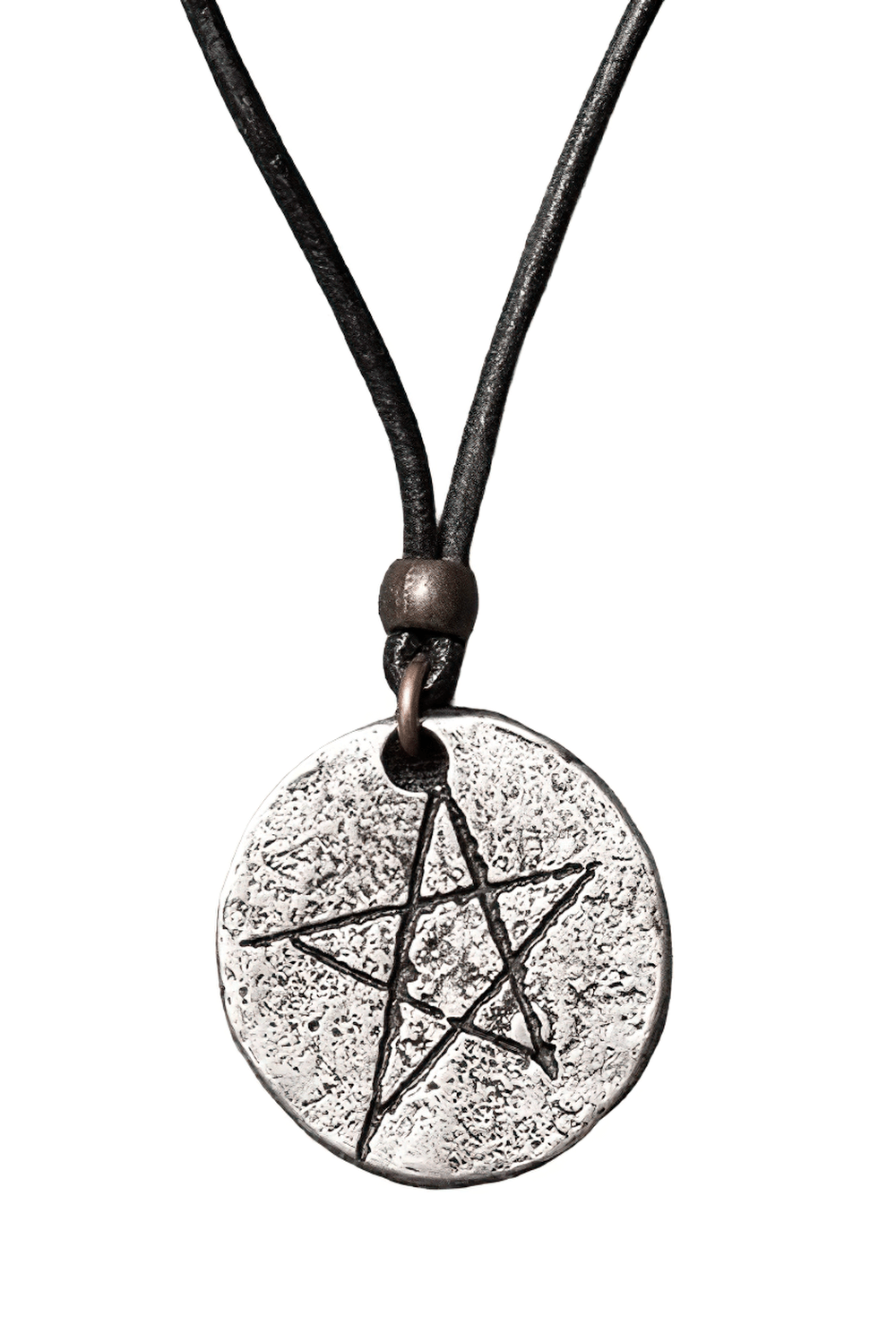 Gothic Pentagram Pewter Protection Pendant Necklace displayed on a black cord with a textured pewter disc.