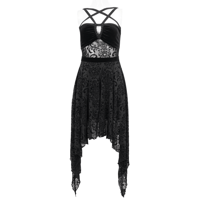 Gothic pentagram strappy irregular black dress with backless design and asymmetrical cut for vintage-inspired elegance.