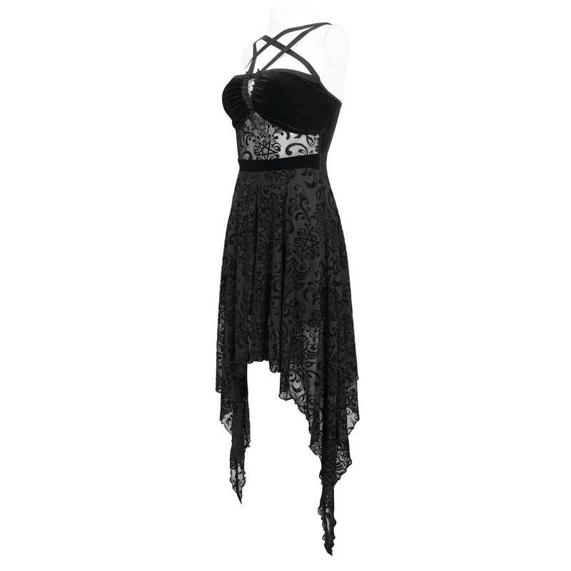 Vintage black strappy dress with asymmetrical hem and elegant lace details, perfect for gothic style lovers.