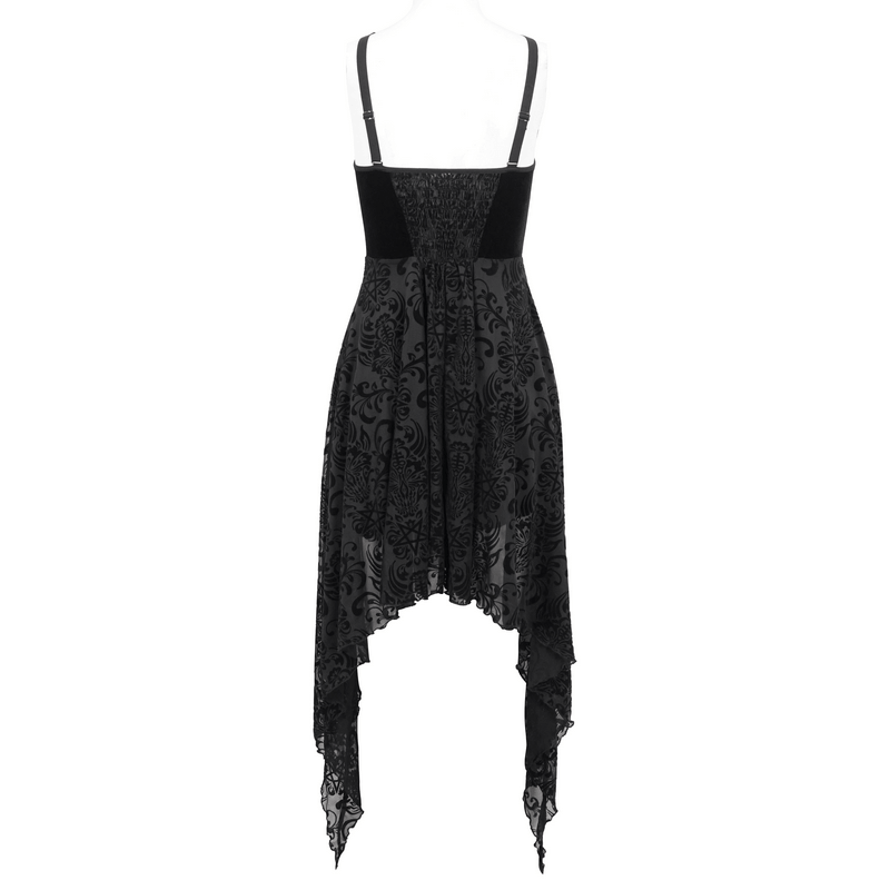 Back view of a black vintage-inspired gothic dress with asymmetrical hem and strappy design.