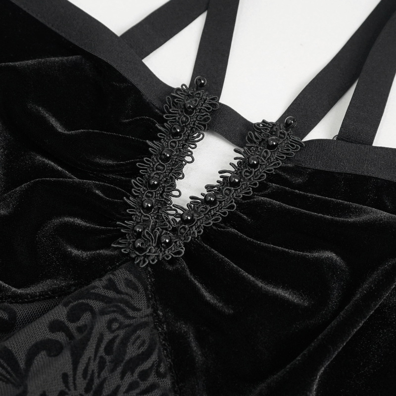 Close-up of the intricate lace and pentagram straps on a black vintage gothic dress, showcasing its elegant design.