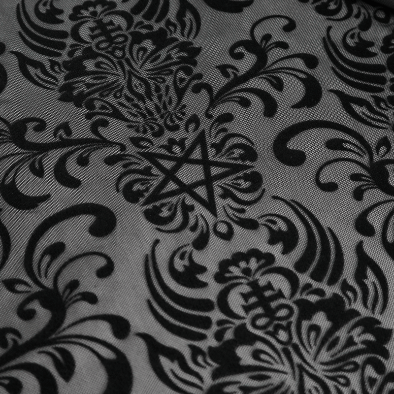 Gothic floral fabric with a pentagram design, perfect for vintage-inspired fashion.