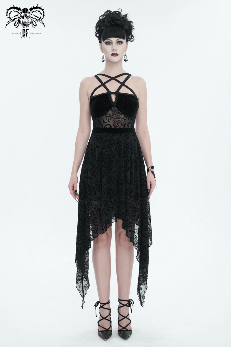 Gothic pentagram strappy black dress, vintage-inspired, featuring a backless design and asymmetrical cut.