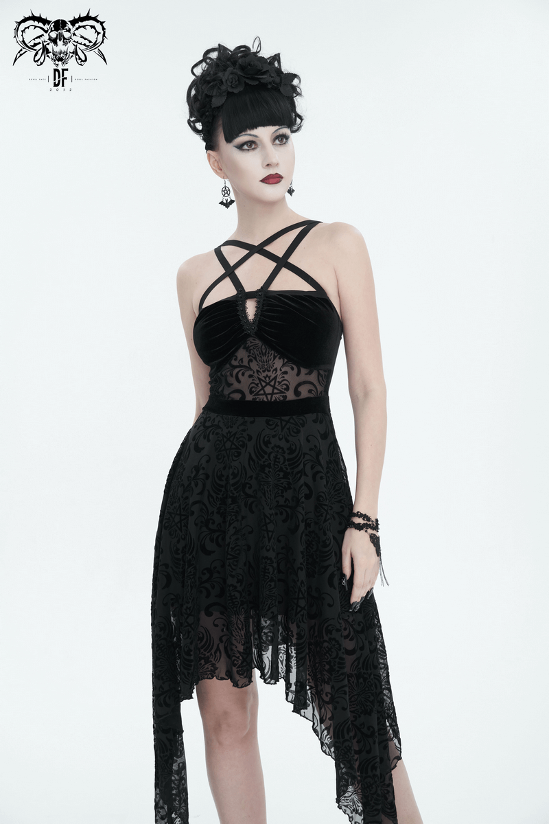 Gothic pentagram strappy irregular black dress with backless design and asymmetrical hemline.