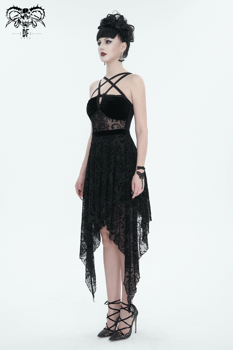 Gothic pentagram strappy irregular black dress featuring a backless design and asymmetrical hemline.