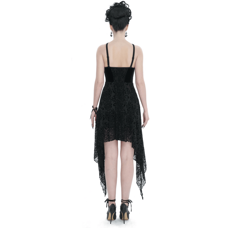Back view of a women's gothic pentagram dress with strappy design and asymmetrical hem in elegant black.