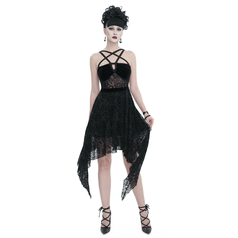 Women's vintage gothic pentagram strappy black dress with asymmetrical hem and backless design.
