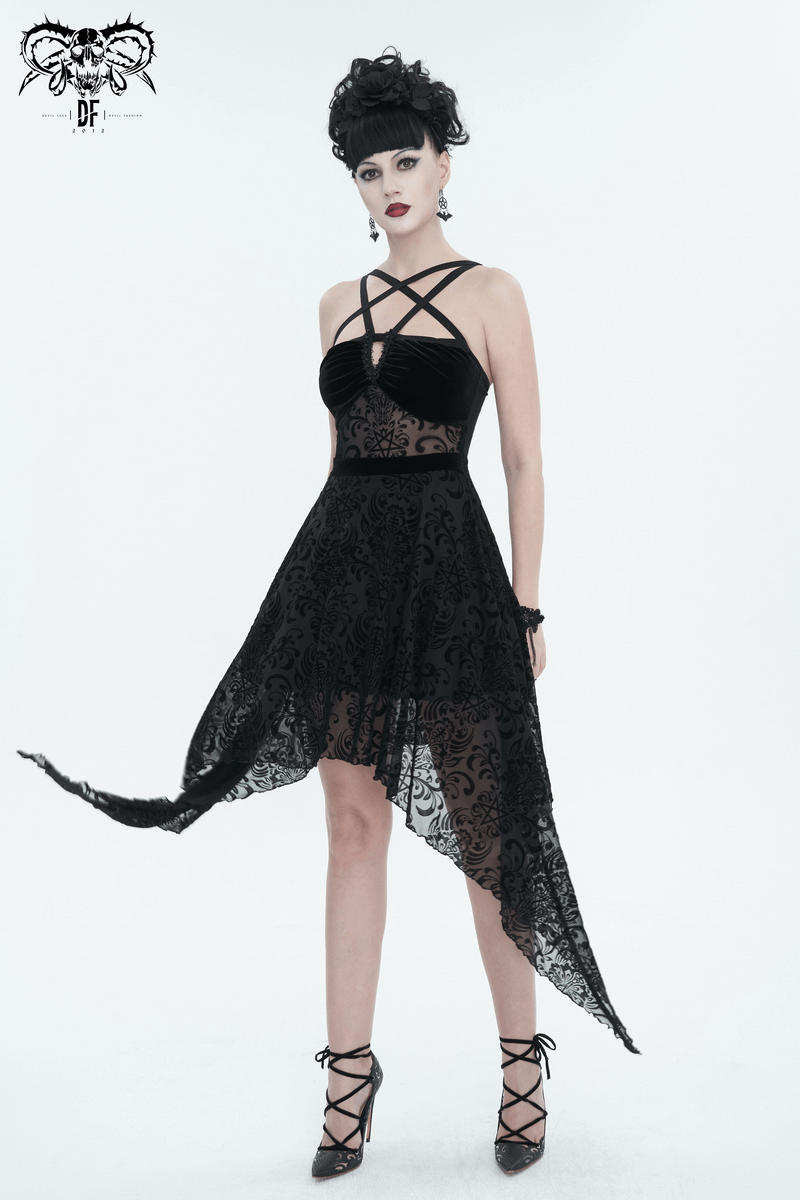 Gothic pentagram strappy black dress with asymmetrical cut, vintage style, and captivating backless design.