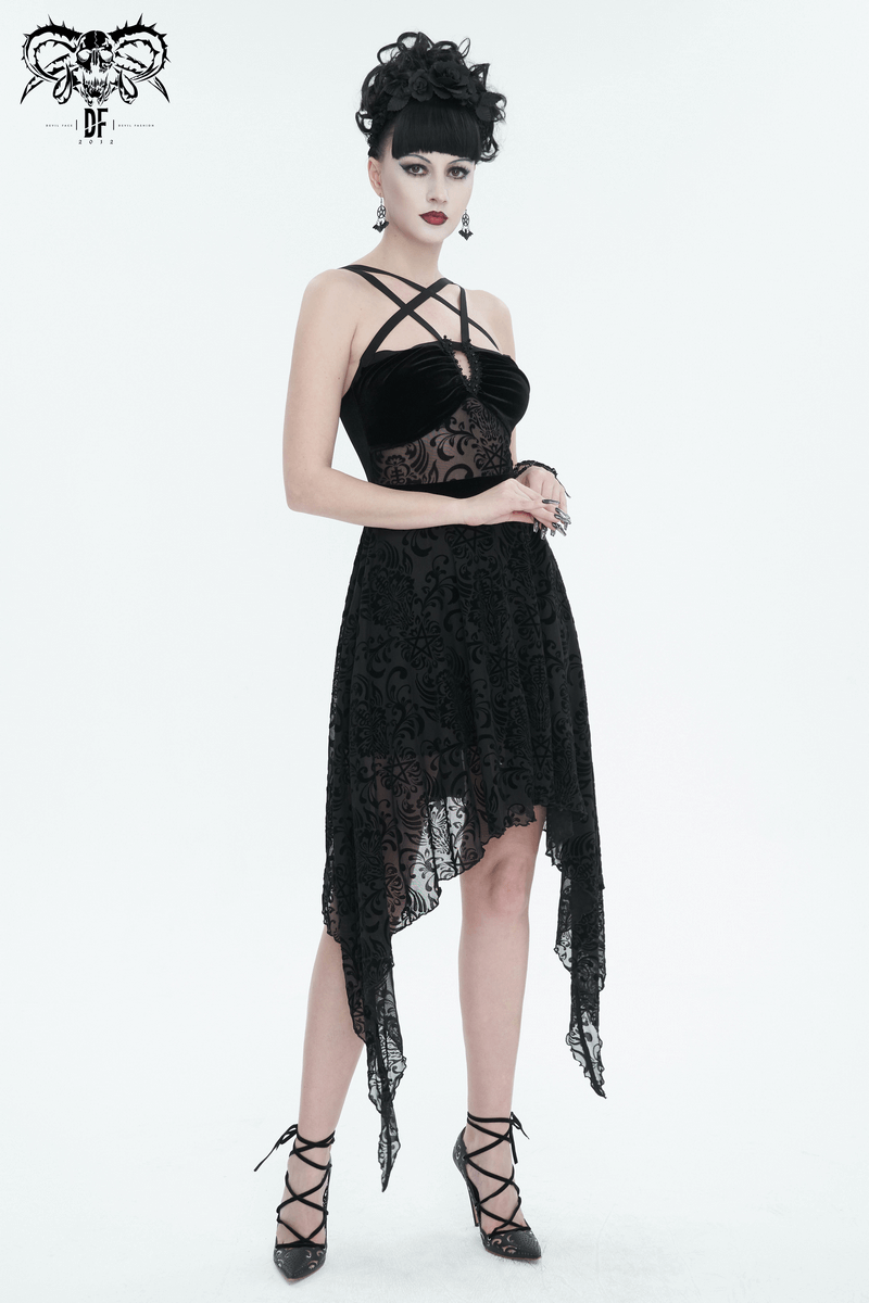 Gothic pentagram strappy irregular dress in black, featuring a backless design and asymmetrical hem, perfect for vintage elegance.