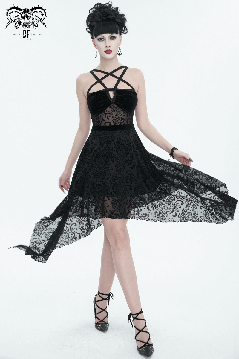 Gothic pentagram strappy dress featuring backless design and asymmetrical hem in elegant black fabric.