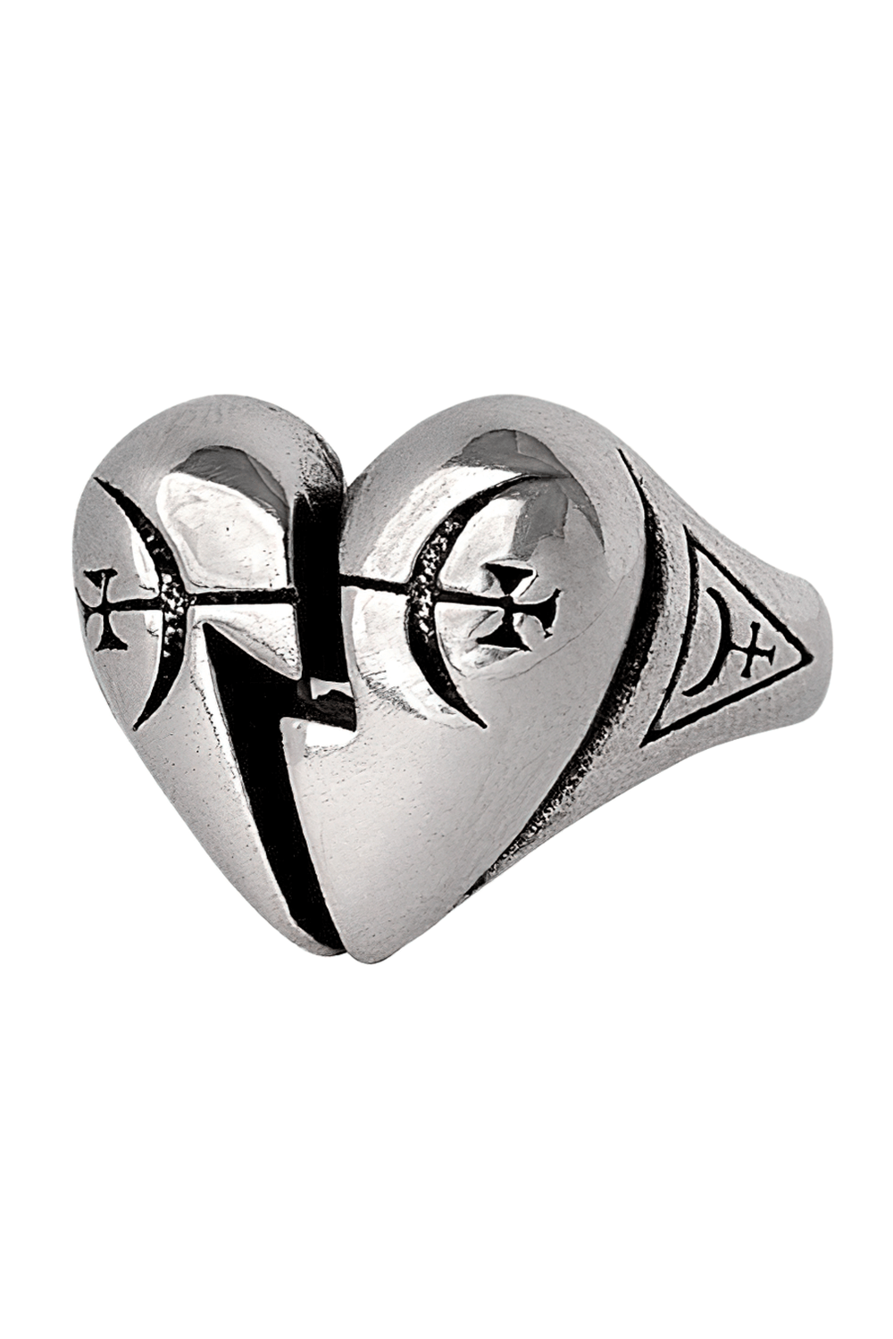 Gothic Pewter Broken Heart and Mystical Sigil Ring featuring alchemical symbols and a polished design.