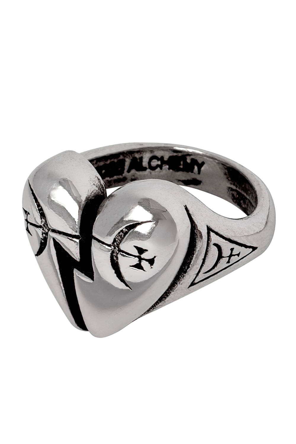 Gothic Pewter Broken Heart and Mystical Sigil Ring showcasing alchemical symbols in polished pewter.