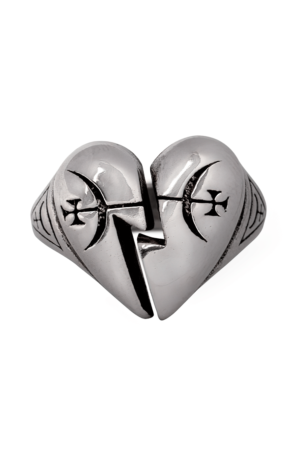 Gothic Pewter Broken Heart and Mystical Sigil Ring featuring alchemical symbols and a unique broken heart design.