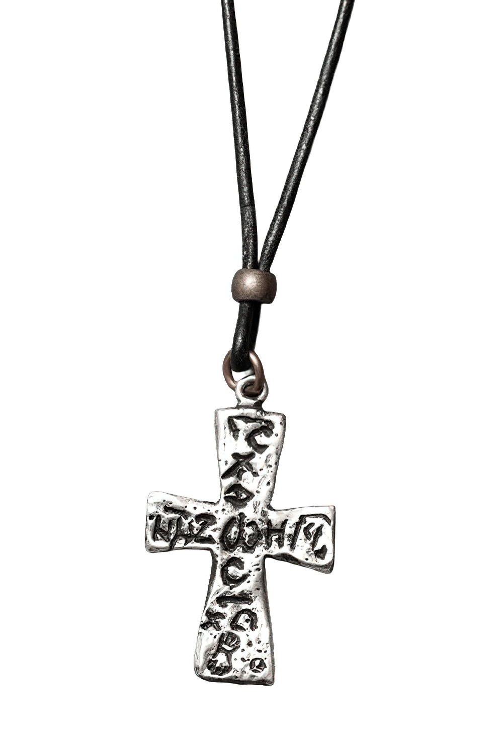 Gothic Pewter Crucifix Necklace with Balkan Amulet featuring engraved Greek inscription and black cord.