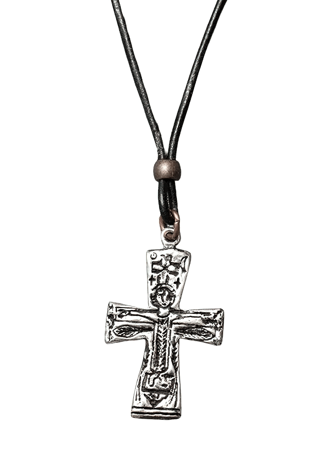 Gothic Pewter Crucifix Necklace with Balkan Amulet features an engraved design and hangs from a black cord.