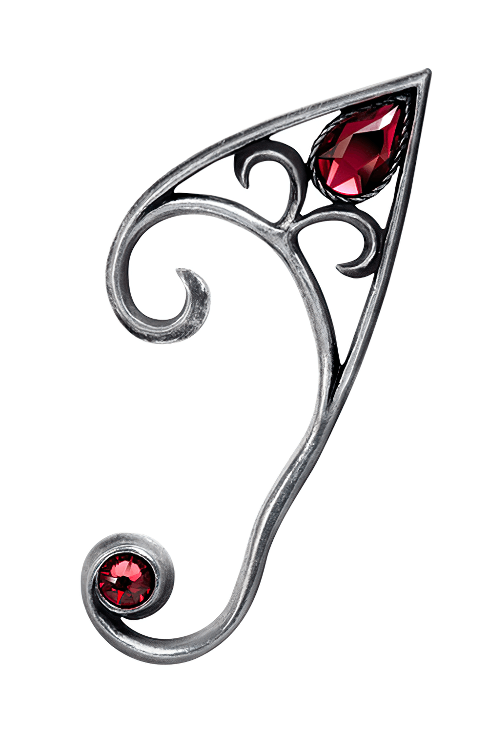 Gothic Pewter Earwrap with Red Crystal Gem Accents showcasing intricate design and enchanting red crystals.
