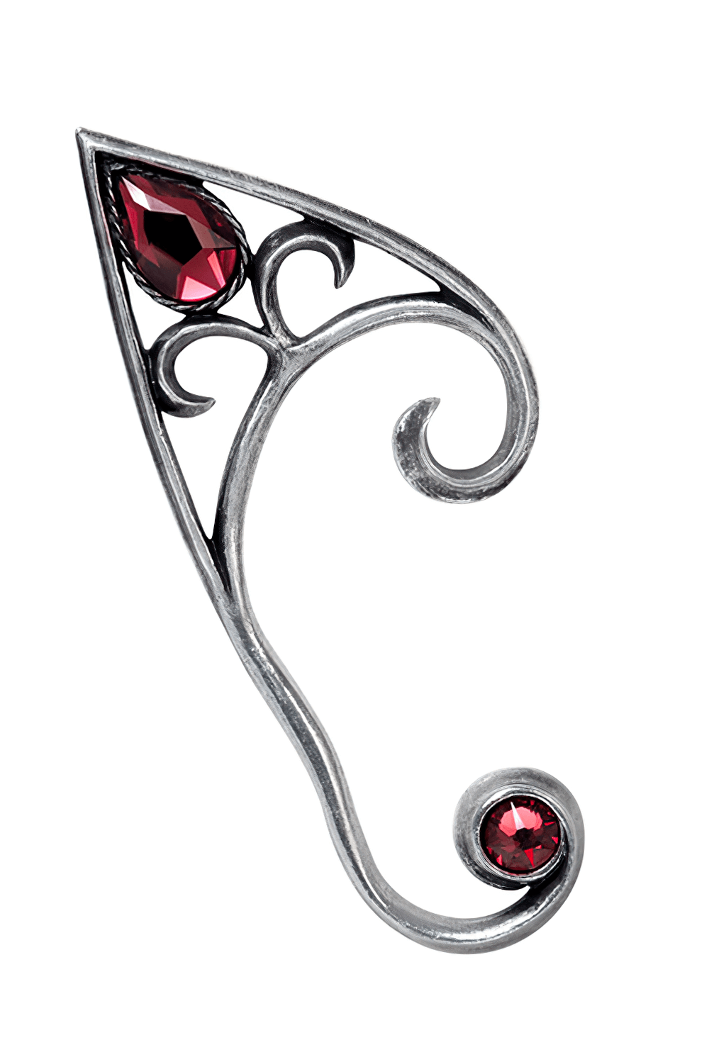 Gothic Pewter Earwrap with Red Crystal Gem Accents featuring intricate design and elegant curves.