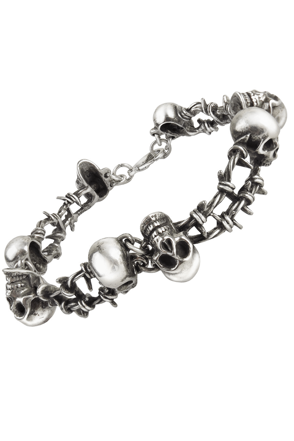 Gothic pewter skull and barbed wire chain bracelet with intricate details and unisex design.