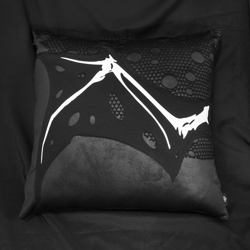 Gothic Pillow with Wing Bone Print / Comfortable Filled Cushion with Mesh Detail - HARD'N'HEAVY