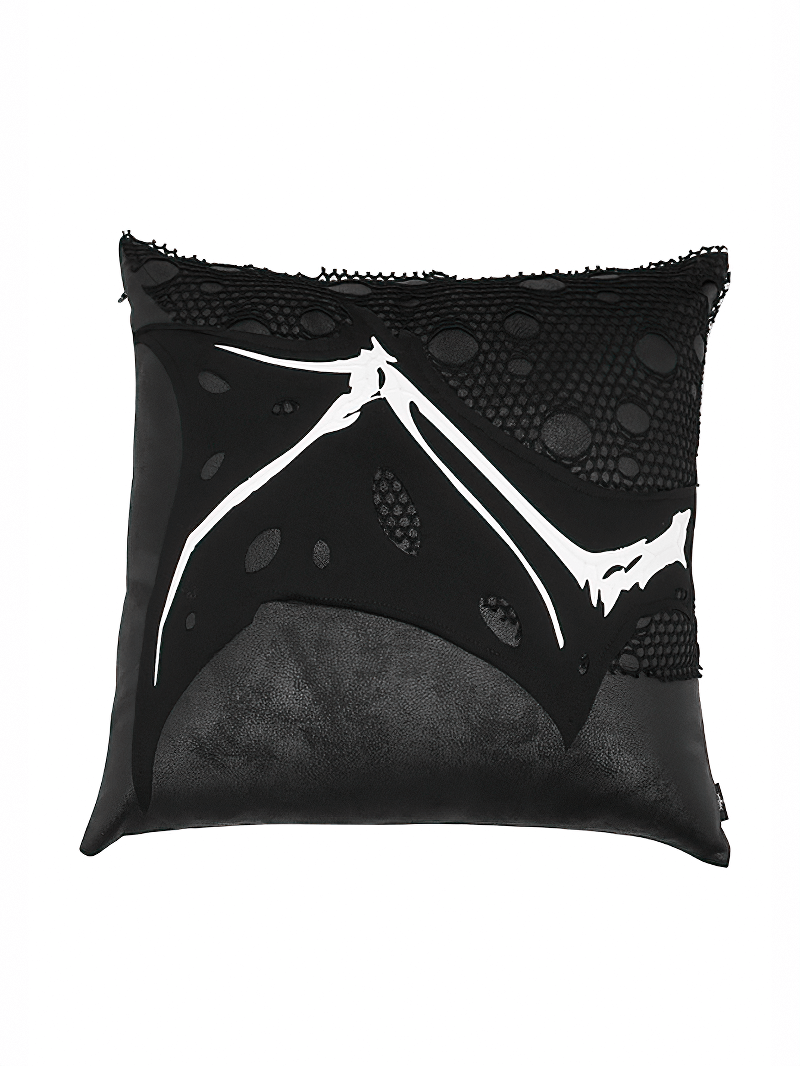 Gothic style black pillow with wing bone print and mesh detail, perfect for adding spooky elegance to your decor.