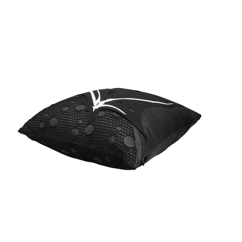 Gothic pillow with wing bone print, black cushion featuring mesh detail for unique home decor.