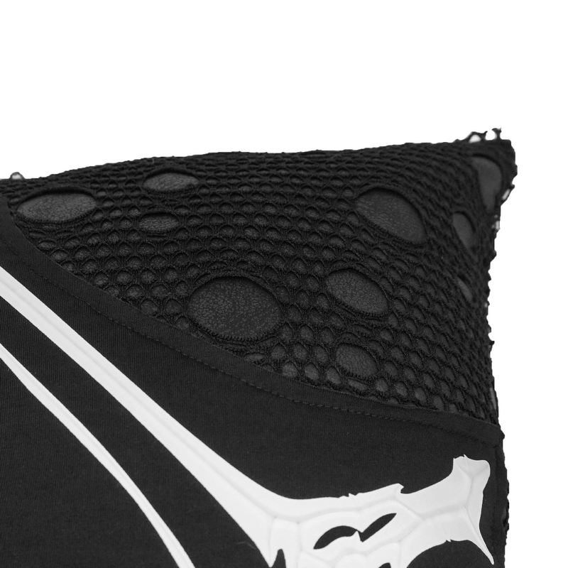 Gothic black pillow with white wing bone print and textured mesh detail for unique home decor.