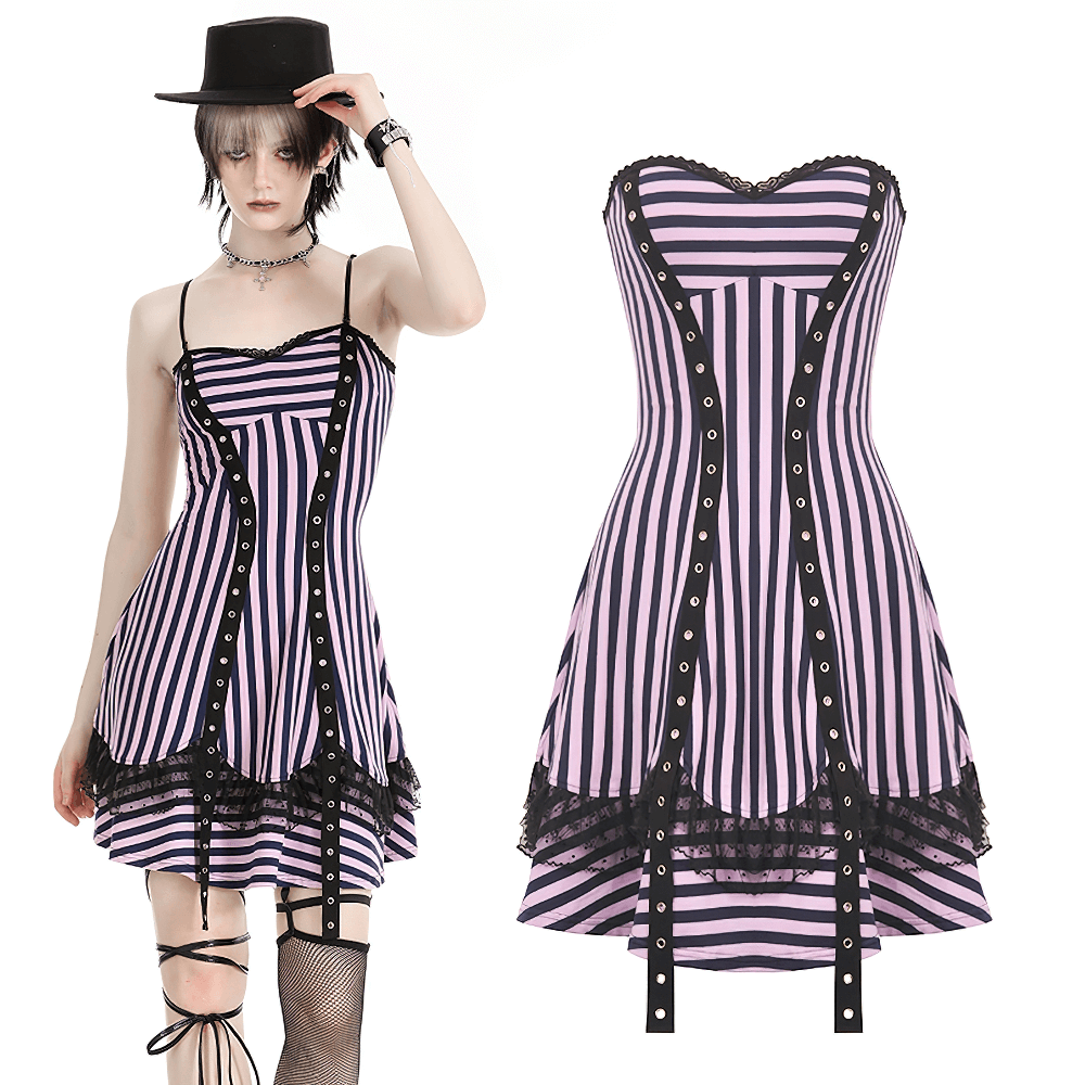 Gothic pink and black striped corset dress with lace trim, featuring sweetheart neckline and adjustable straps.