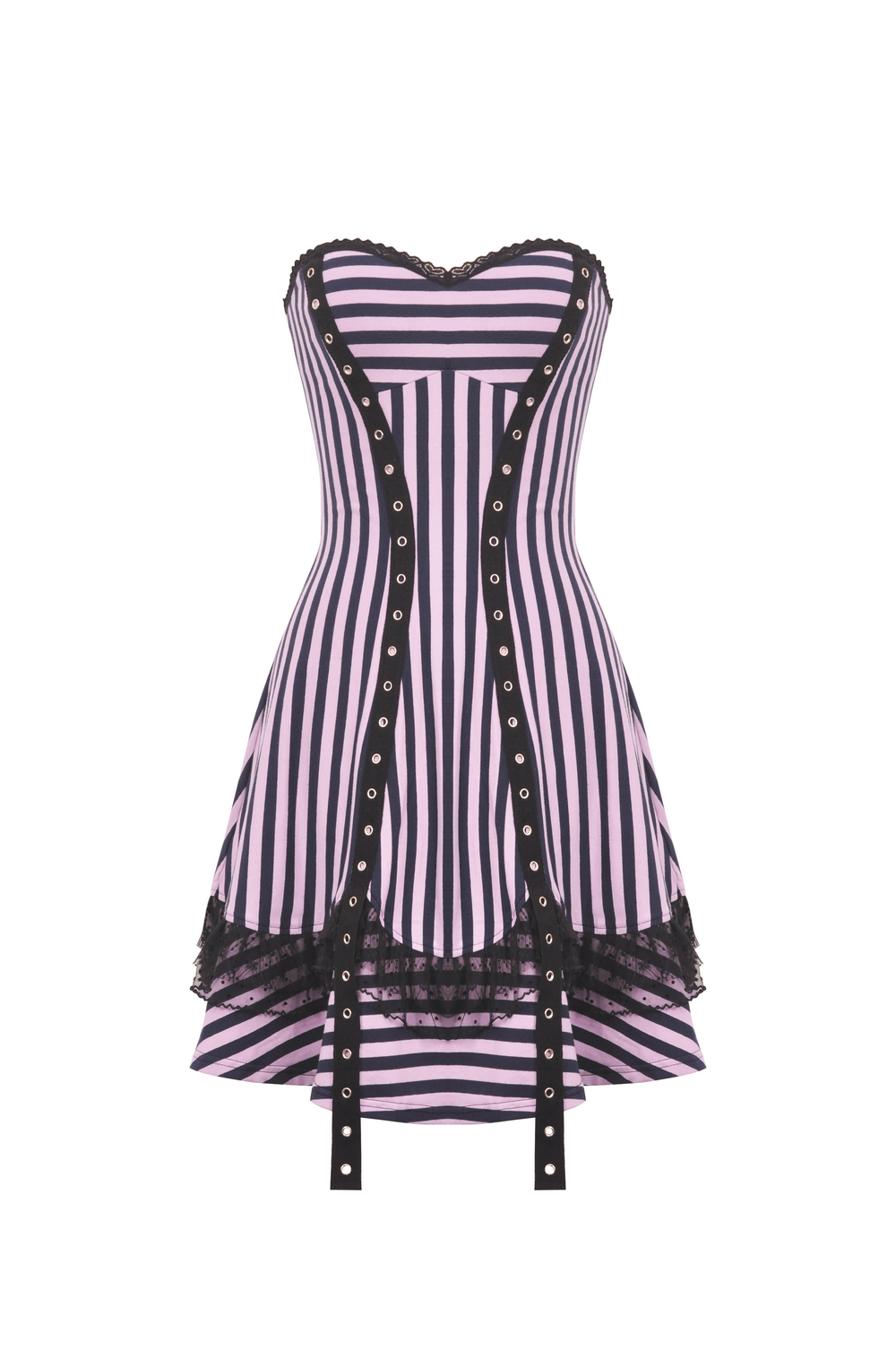 Gothic pink and black striped corset dress with lace trim and adjustable straps, perfect for alternative fashion lovers.