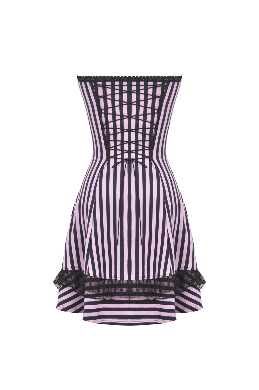 Back view of a Gothic pink and black striped corset dress with lace trim and adjustable straps.