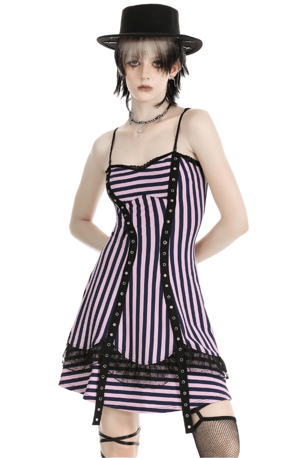 Gothic Pink and Black Striped Corset Dress with Lace Trim