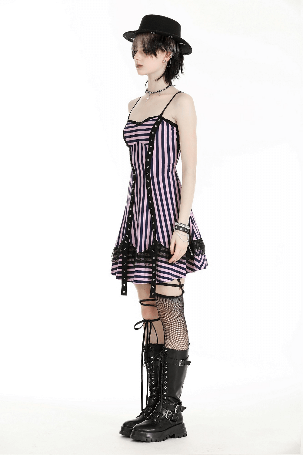 Gothic Pink and Black Striped Corset Dress with Lace Trim