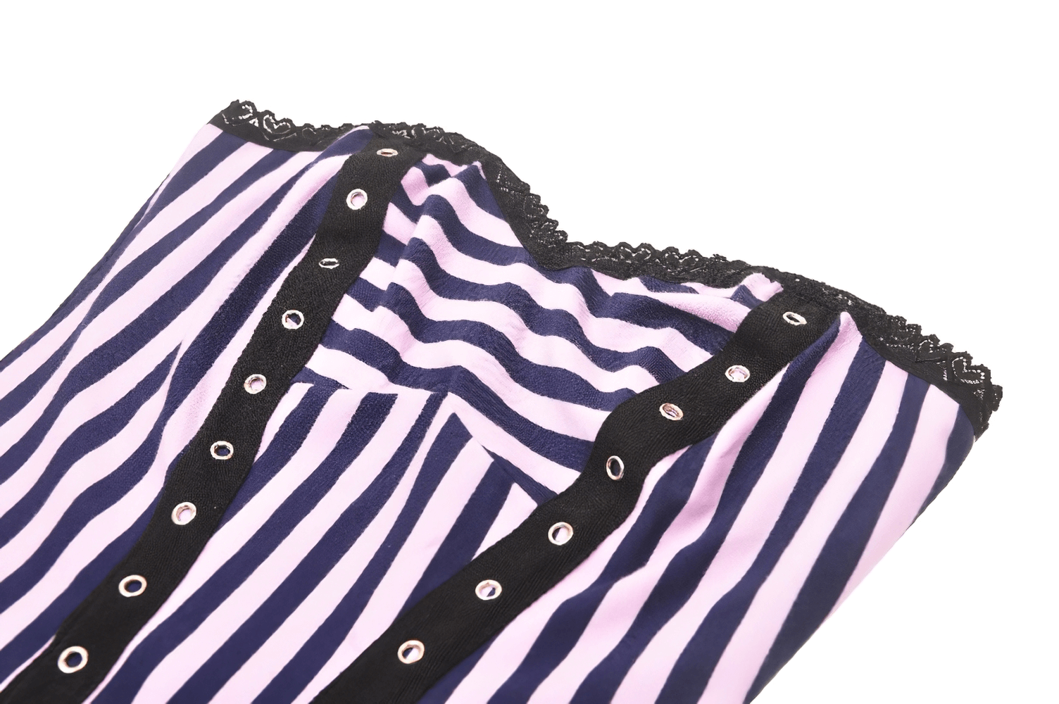 Close-up of gothic pink and black striped corset dress with lace trim and grommet detailing.