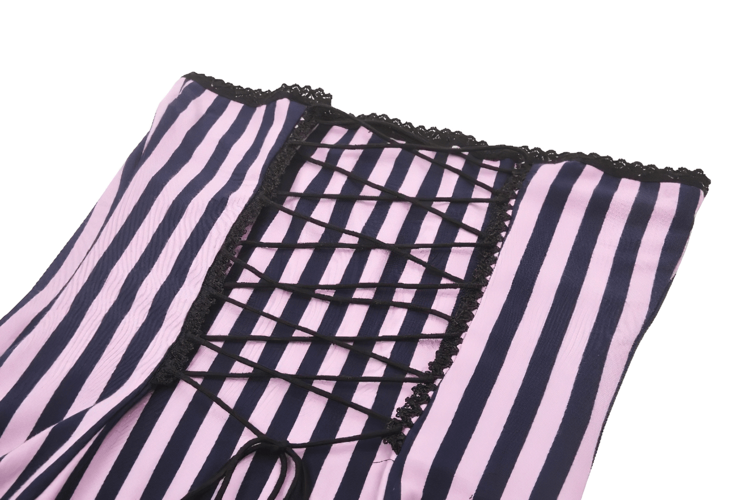 Close-up of Gothic pink and black striped corset dress with lace trim and grommet detailing, showcasing elegant design.