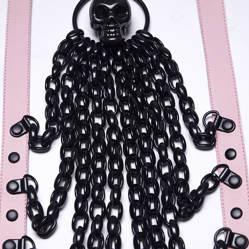 Gothic Pink Leather Harness with Skull and Chains featuring chains and skull detail.