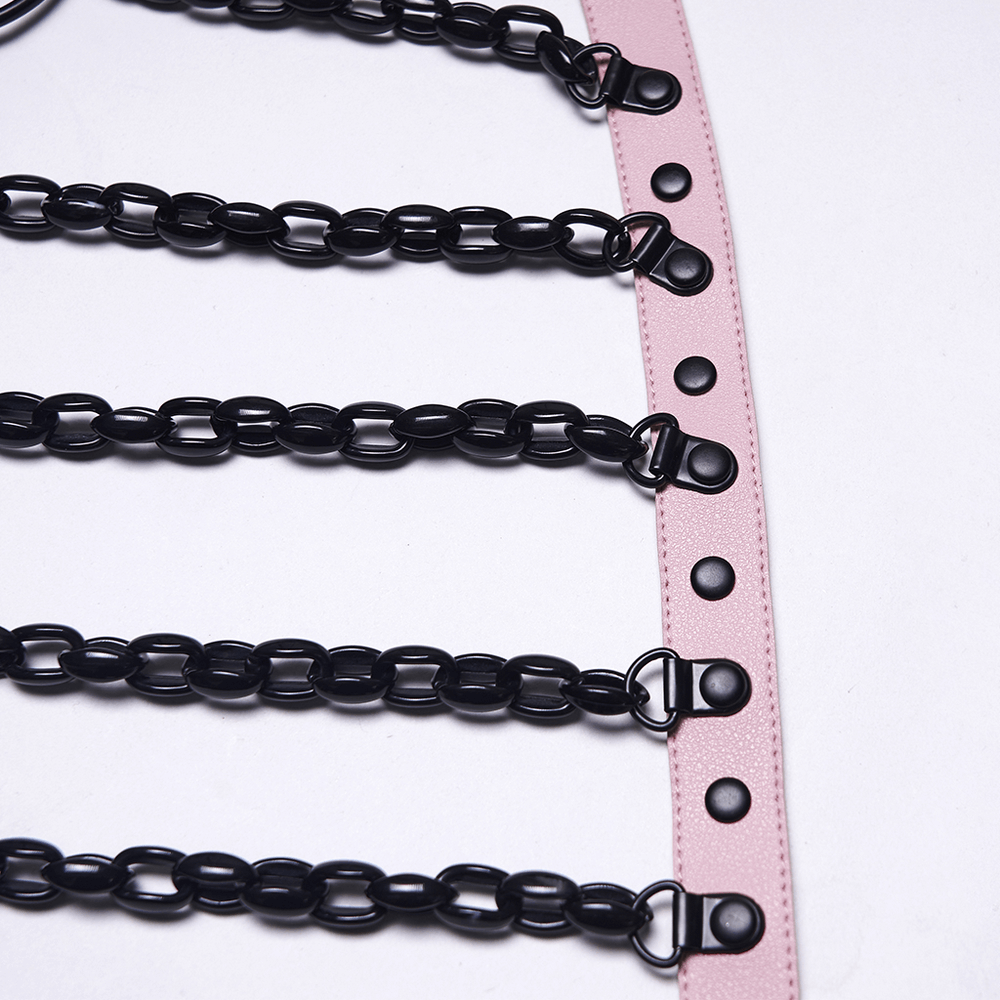Gothic Pink Leather Harness with Skull and Chains showcasing chains and pink leather details.