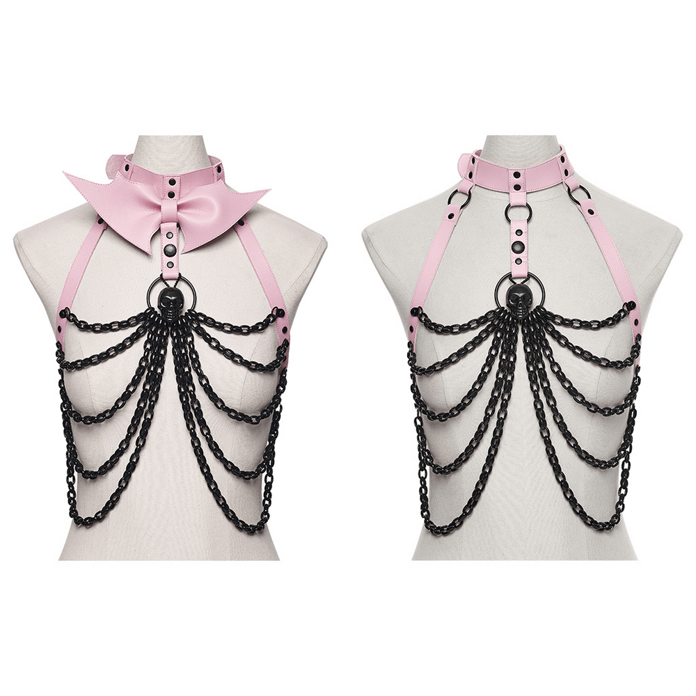 Gothic Pink Leather Harness with Skull and Chains featuring black chains and a stylish design.