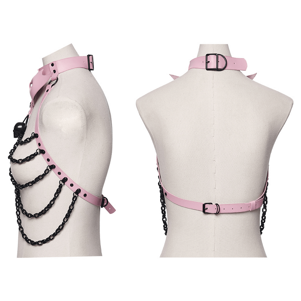 Gothic Pink Leather Harness with Skull and Chains featuring intricate chains and edgy design.