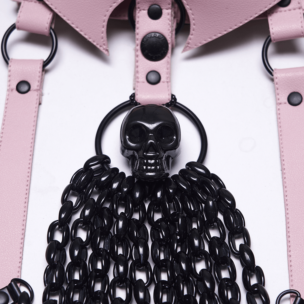 Gothic Pink Leather Harness with Skull and Chains featuring a stylish skull and black chains detail.